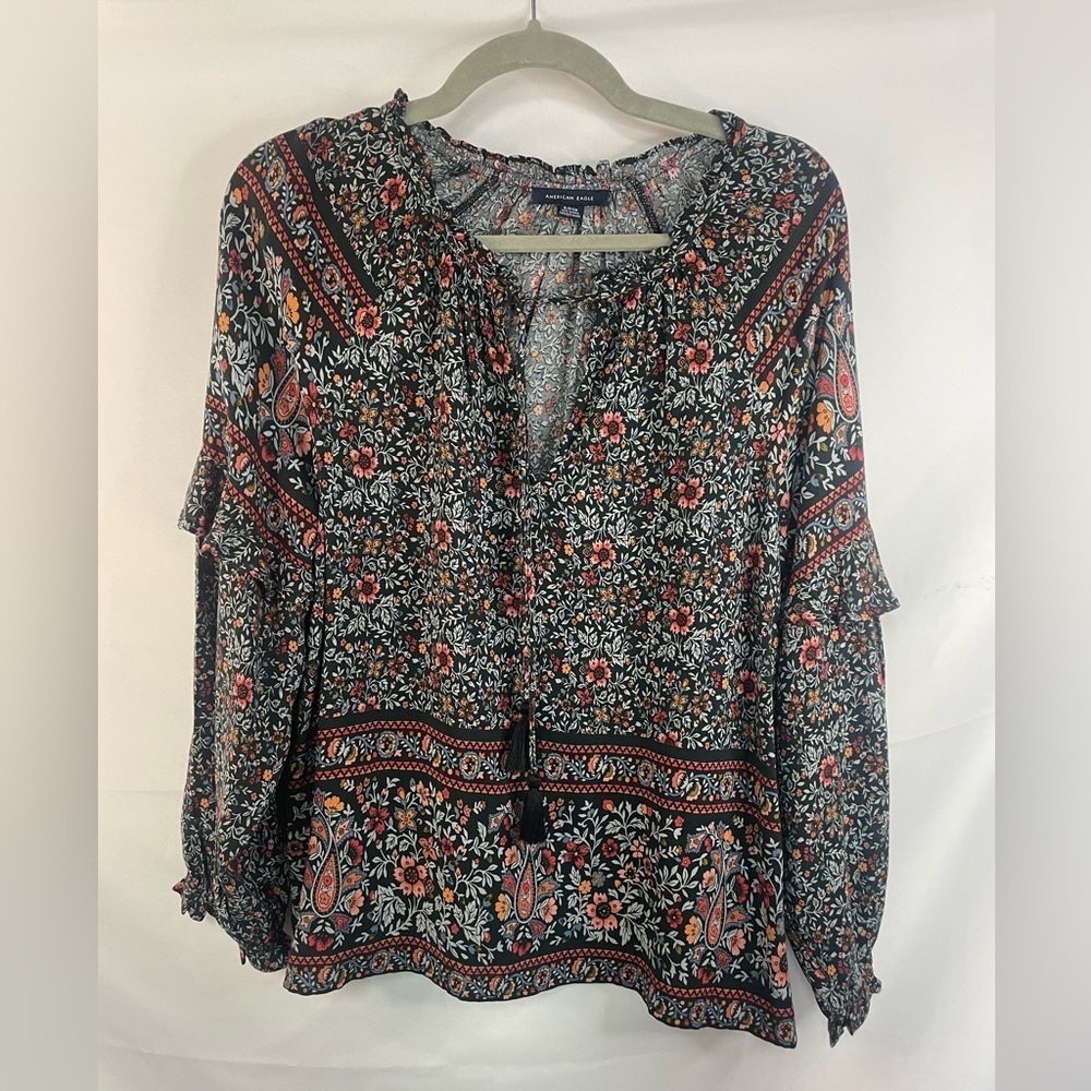 American Eagle boho styled blouse in a dark color family. Loose fitting.